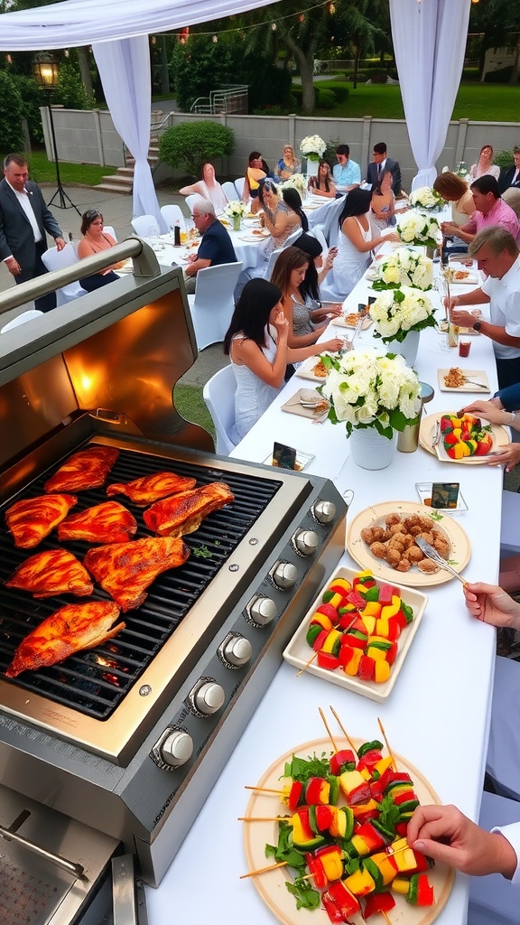 Elegant outdoor BBQ wedding reception with grilled meats, colorful sides, and cheerful guests.